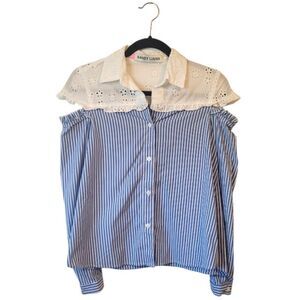 Sandy Liang Women's Blue And White Stripe Eyelet Cut Out Shoulder Blouse Size 4